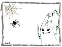 鉛筆のラフなラインの飾り枠とペン画の大人かわいいお化けとクモとクモの巣のフレーム