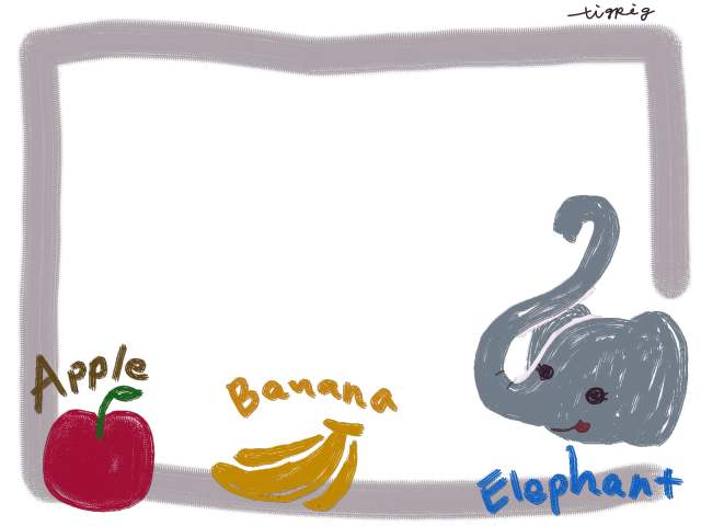 フリー素材 フレーム素材可愛いゾウ りんご バナナの英語イラスト