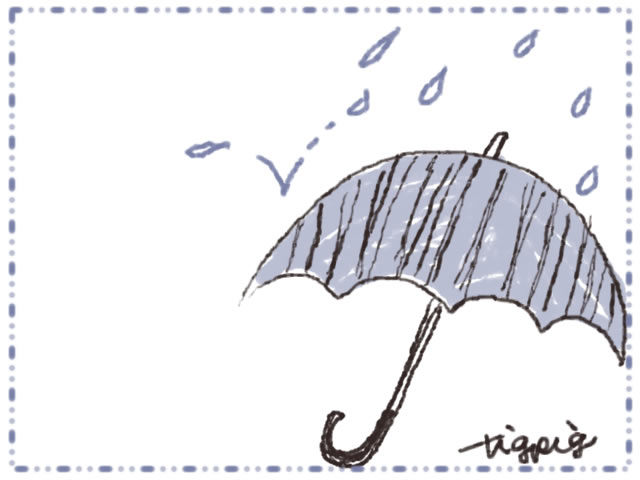 6月のwebデザイン バナー広告 ネットショップのフリー素材 大人可愛い雨とストライプ柄の傘と破線の囲み枠のイラストのフレーム 640 480pix オンラインショップ制作やwebデザインに使える素材 Tigpig