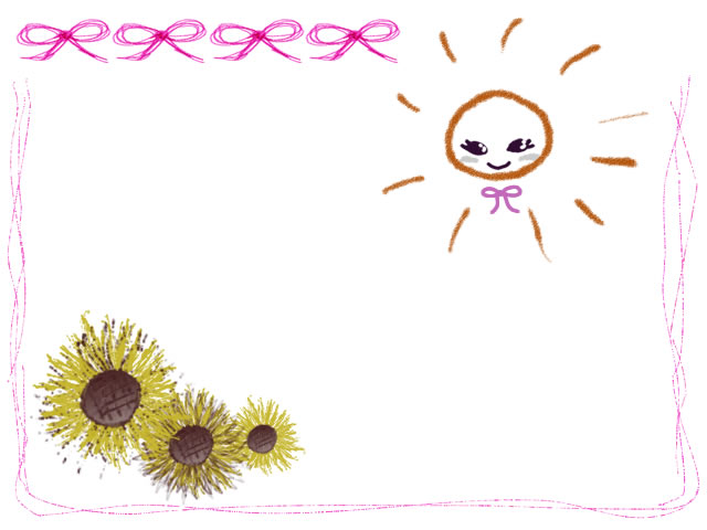 夏のwebデザインのフリー素材 ガーリーな太陽とヒマワリの花とピンクのリボンいっぱいのフレーム 囲み枠 のイラスト Webデザインに使える素材 Tigpig