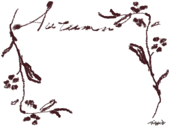 フリー素材 秋のフレーム 大人かわいい茶色のautumnの手書き文字とシンプルな枝と葉と小さな実のイラストの飾り枠 640 480pix Webデザイン イラスト素材 Tigpig