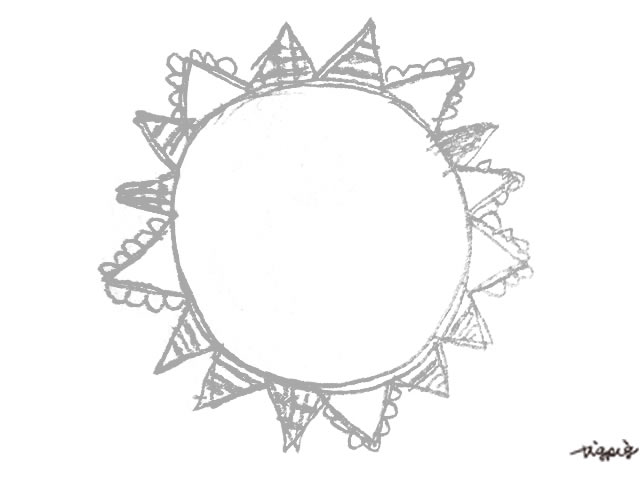 フリー素材 ガーリーなモノクロの旗いっぱいの太陽みたいな鉛筆の手描きイラストの囲み枠 640 480pix Webデザインに使える素材 Tigpig