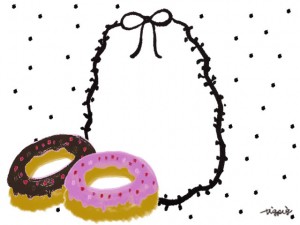 フリー素材:フレーム;チョコドーナツとモノトーンの水玉と大人可愛いリボンの楕円の飾り枠:640×480pix