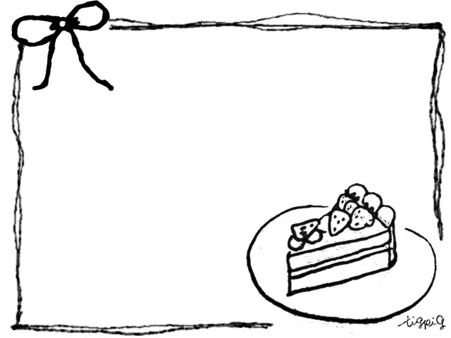 モノクロのフリー素材 フレーム 手描きのイチゴショートケーキとリボン