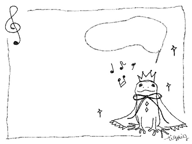 春のフリー素材 フレーム モノトーンが大人可愛いカエルの王子と音符と吹出し 640 480pix Webデザインに使える無料素材 Tigpig