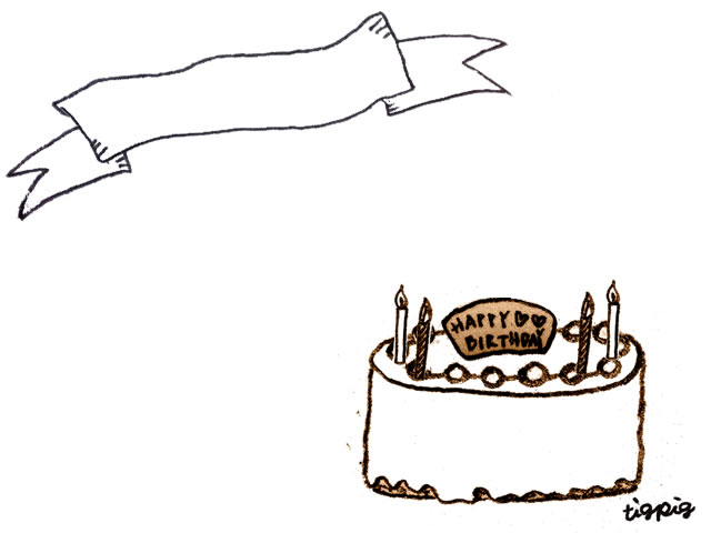フリー素材 モノトーンの手描きのリボンの見出しとお誕生日ケーキの
