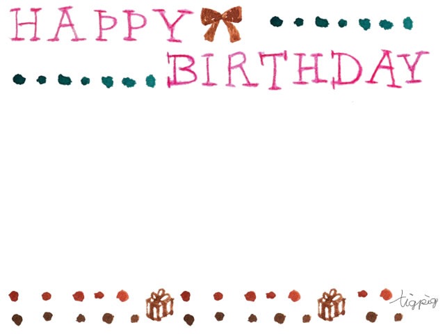 フリー素材 フレーム Happy Birthdayの手書き文字とリボンとプレゼントとドット 640 480pix ネットショップ制作などに使える約50点のwebデザイン素材 Tigpig