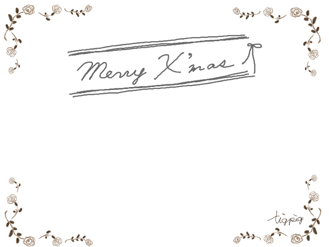 クリスマスのフリー素材 フレーム Merry X Mas の手書き文字とリボンとラインとブラウンの薔薇の飾り枠 640 480pix Webデザインに使える素材 Tigpig