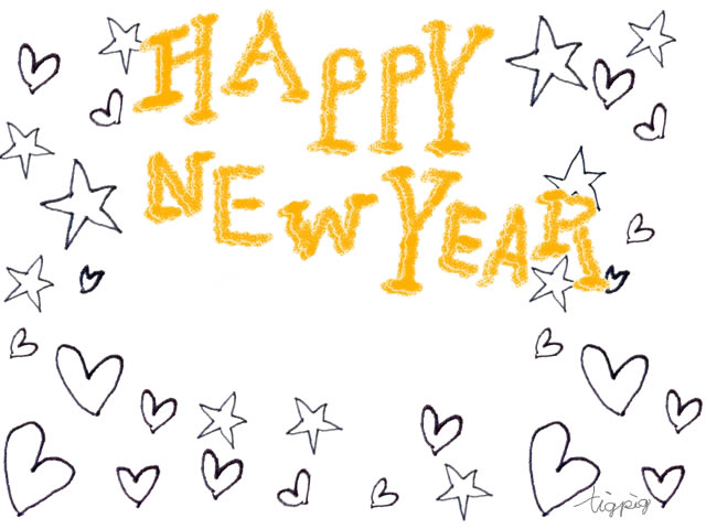 年賀状の大人可愛いフリー素材 モノトーンの手描きの星とハートとhappy New Yearの手書き文字 640 480pix Webデザインに使える素材 Tigpig