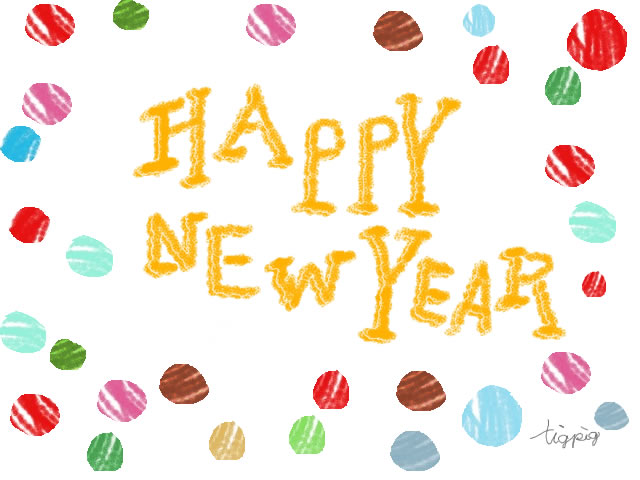 年賀状のフリー素材 Happy New Yearの手書き文字とカラフルなドット 640 480pix Webデザイン イラスト素材 Tigpig