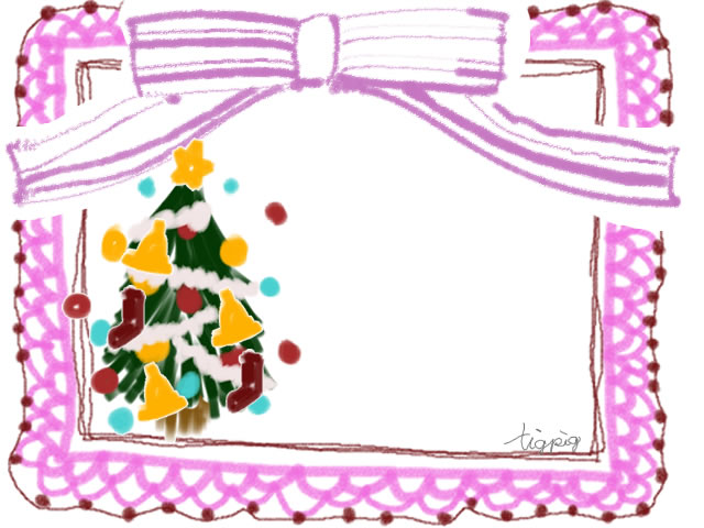 かわいいクリスマスツリーとピンクのストライプのリボンとレースの飾り枠のフリー素材 640 480pix Webデザインに使える素材 Tigpig
