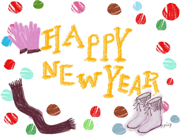 大人可愛いフリー素材 Happy New Yearの手書き文字とブーツと手袋とドットのガーリーイラスト Webデザイン イラスト素材 Tigpig