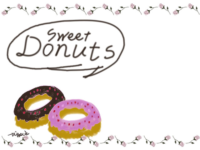 かわいいドーナツのイラストとsweetdounutsの手書き文字と薔薇のライン 640 480pix Webデザインに使える素材 Tigpig