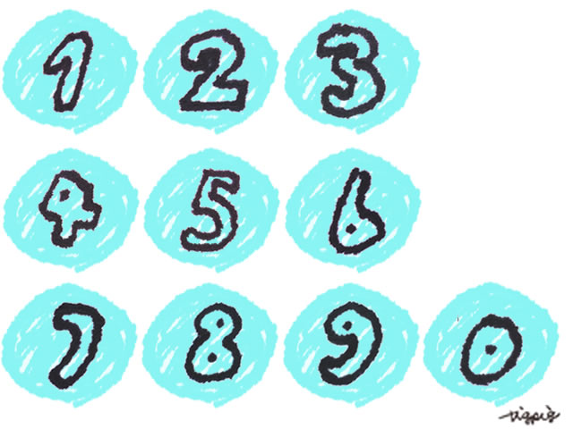 0から9の数字の手書きの飾り文字とパステルブルーの丸い背景のフリー素材 オンラインショップ制作やwebデザインに使える素材 Tigpig