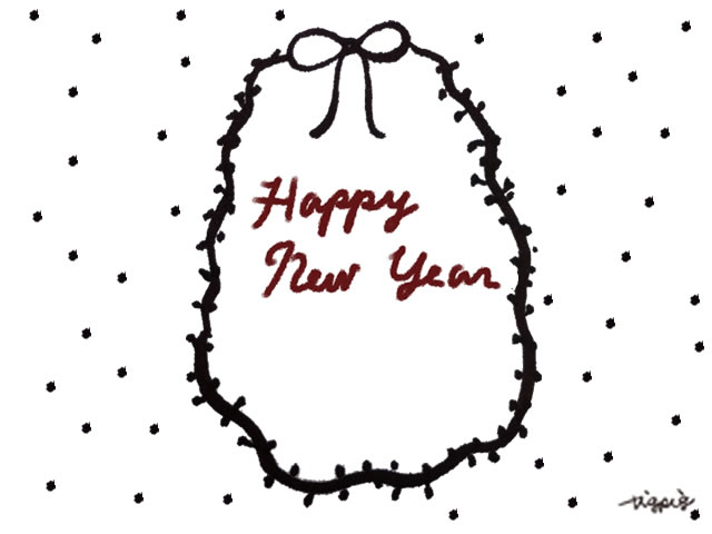 茶色の筆記体の手書き文字happy New Yearとリボンとドットのフリー素材 480 640pix Webデザイン イラスト素材 Tigpig