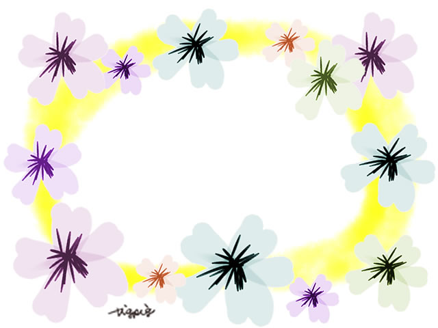 大人可愛い黄色のにじみと花のイラストいっぱいの春のフレームのフリー素材 Webデザインに使える素材 Tigpig