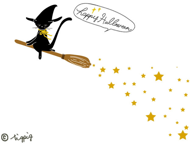 ハロウィンのhp制作に使える大人可愛い黒猫と魔女のホウキの星屑のイラストのフリー素材 640 480pix Webデザインに使える素材 Tigpig