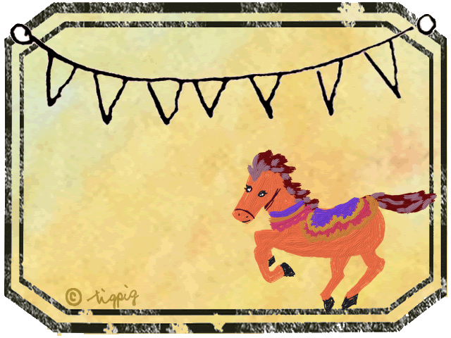 メルヘンな馬と旗のイラストと水彩のにじみとアンティーク風ラベルのフレームのフリー素材 640 480pix Webデザインに使える素材 Tigpig
