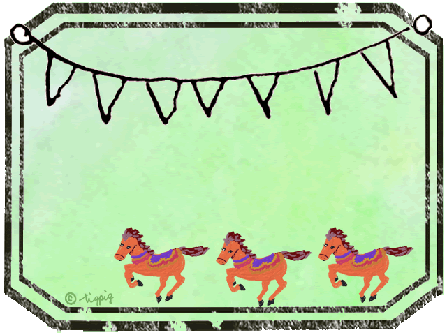 パステルグリーンのにじみの背景と旗とメルヘンな馬 三頭 のイラストとフレーム 640 480pix Webデザインに使える素材 Tigpig