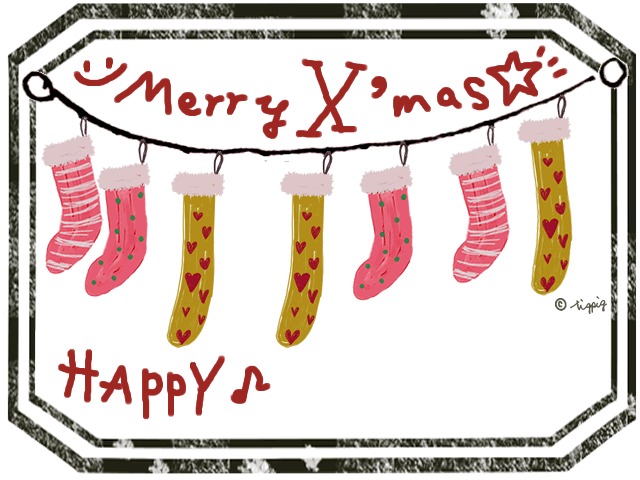 Merry X Masの手描き文字と大人可愛いクリスマスの靴下のイラストのフレーム 640 480pix Webデザイン イラスト素材 Tigpig