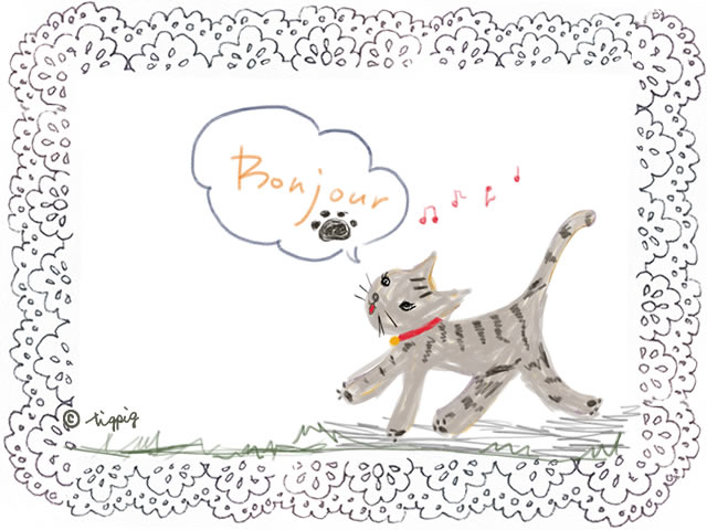 猫の絵本みたいな大人かわいいイラストとbonjourの手書き文字の吹出しの無料素材 Webデザインに使える素材 Tigpig