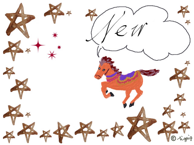 Newの手書き文字のフキダシと馬のイラストと星のフレームのイラスト無料素材 Webデザイン イラスト素材 Tigpig