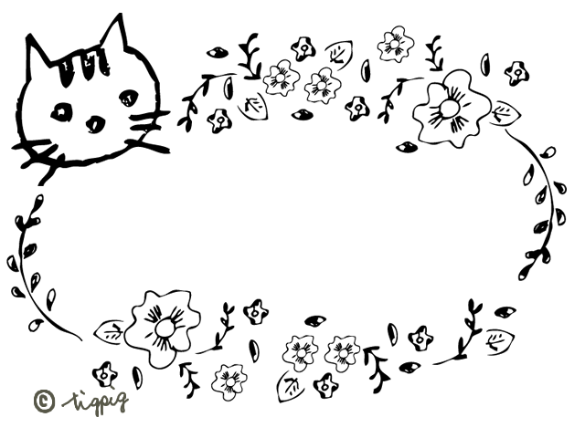 モノトーンの猫と花のイラストのフレーム 640 480pix Webデザインに使える素材 Tigpig