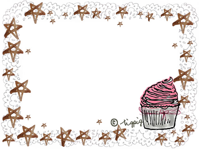 大人可愛いカップケーキのイラストと水彩の星とレースのフレーム